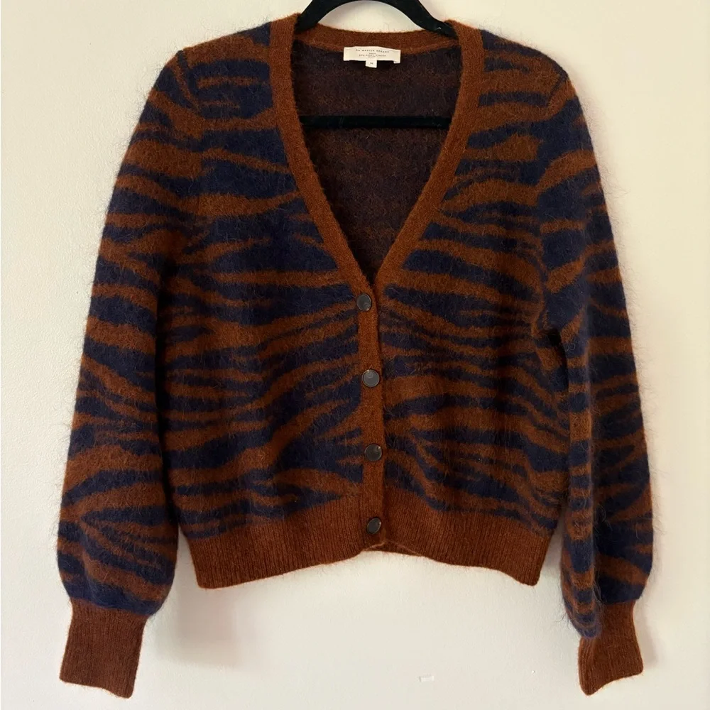 Sezane Rust and Navy Zebra-Striped Mohair Blend Cardigan